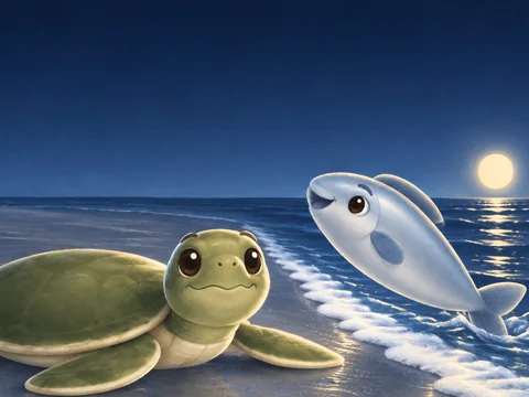 Cover of Kip and the Turning Tide: a baby turtle on a moonlit beach with a fish leaping beside her.