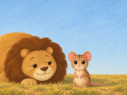 Cover of Mimi and the Sleepy Lion: a lion lying in golden grass beside a small mouse.