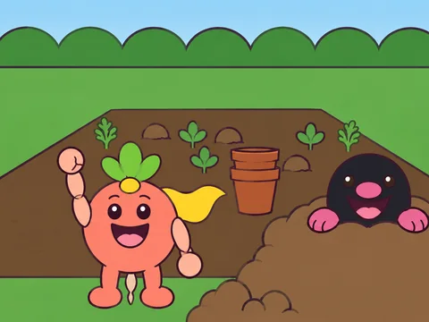 Cover of Rad to the Rescue: a radish in a yellow cape beside a mole popping out of a garden bed.