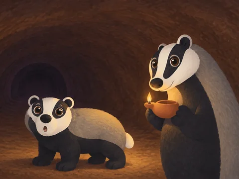Cover of Who&rsquo;s in the Dark?: a small badger and a tall one holding a lamp, in a burrow.