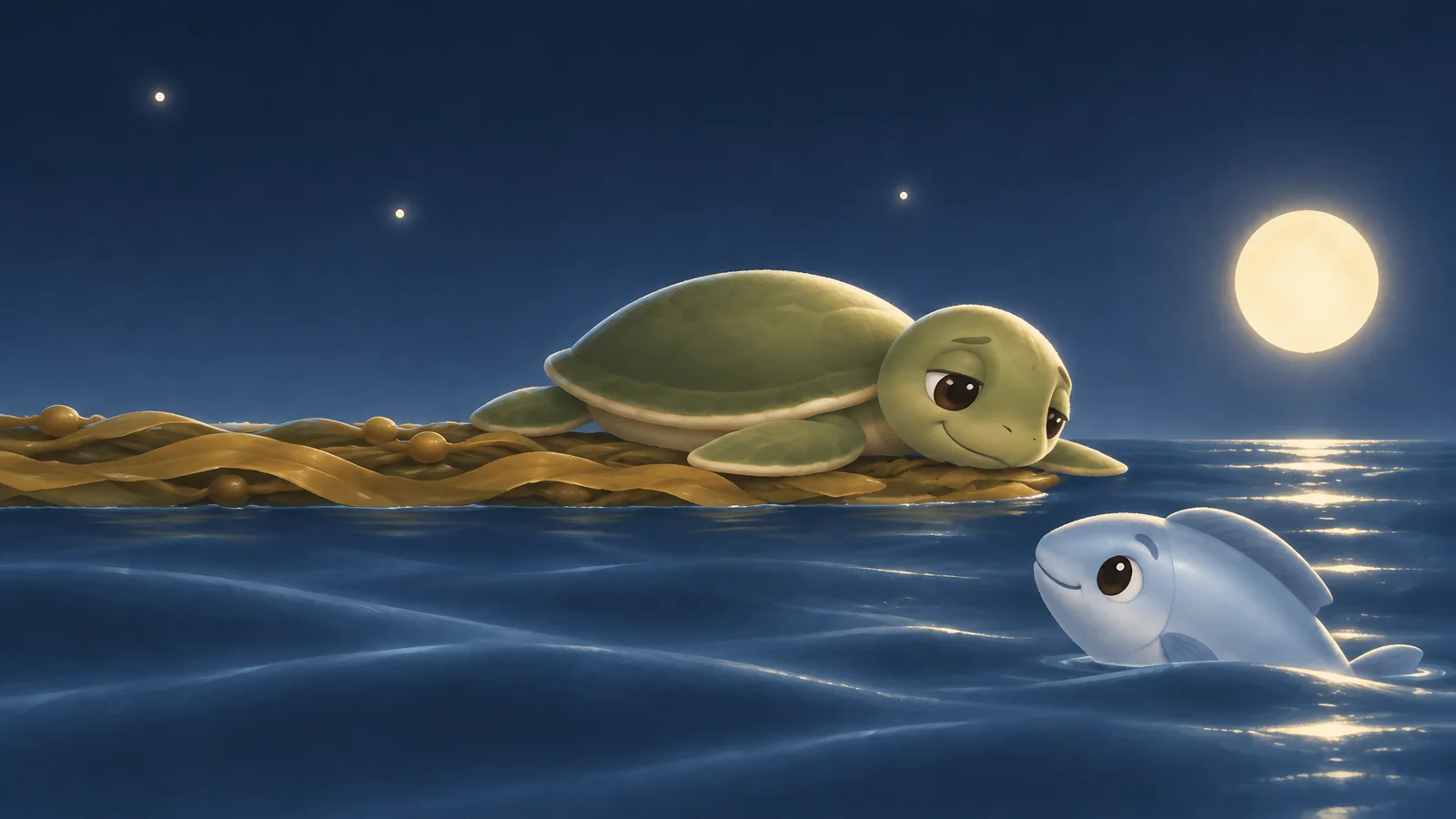 A small sea turtle rests on a floating mat of kelp under a full moon, a pale fish beside her: a painted page from Kip and the Turning Tide.
